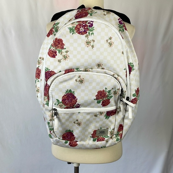 Vans Handbags - VANS Cream & White Checkerboard Floral Full Size Backpack with Zipper Pockets